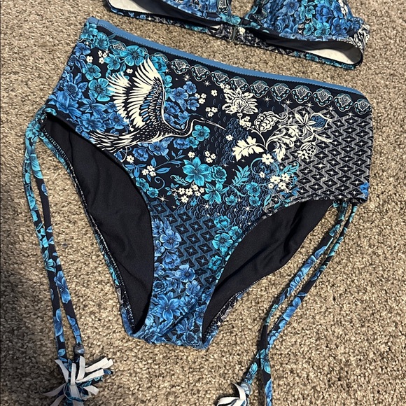 Johnny Was Blue Phoenix Halter Bikini Top and High Waist Bottom small - Picture 3 of 6